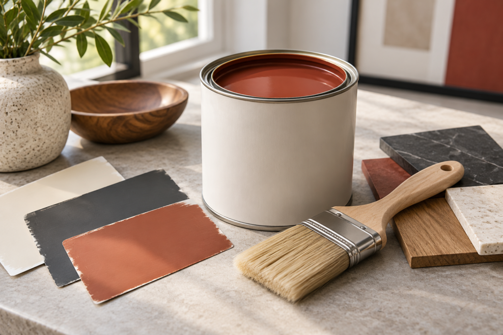 Open paint can and paint brush with coordinated color and finish samples